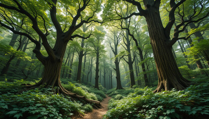Obraz premium Dense, lush forest with towering trees and thick underbrush