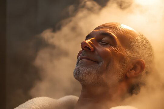 A serene image of a senior man with a calm smile, surrounded by mist and soft lighting in a luxurious spa steam room.