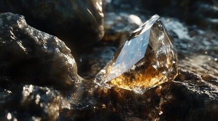 Crystal on rocks, sunlight, dark background, possible gem mining