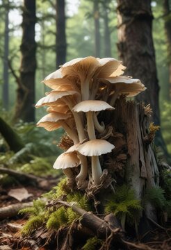 Oyster mushroom growing on a decaying log in the forest, moss, oyster mushroom, wild mushrooms