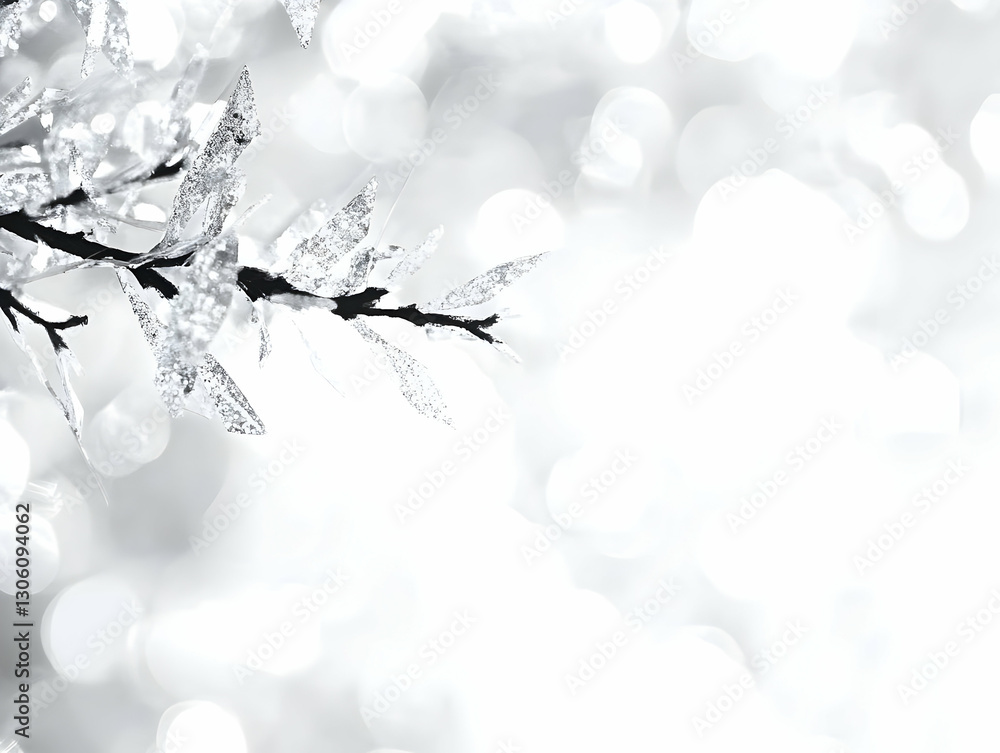 Poster abstract bokeh background with icy branch and glittering snowflakes