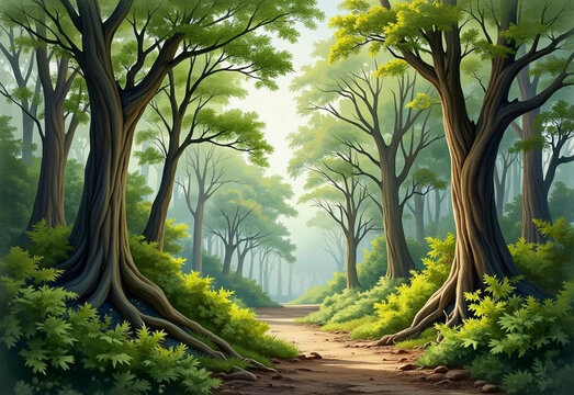 Dense, lush forest with towering trees and thick underbrush