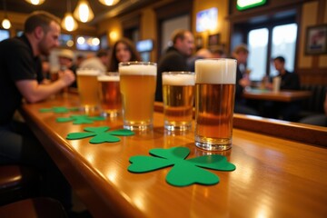 A Lively Pub Scene Featuring Diverse Adults Enjoying Craft Beers Amidst Irish Decor on St. Patrick's Day