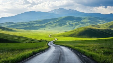 Fototapeta premium A narrow, winding road through a vibrant green