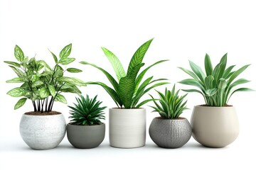 A set of air-purifying plants in contemporary containers, isolated on white.