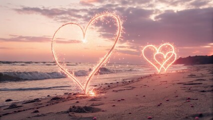 Sparkling heart shapes illuminated on a beach at sunset.