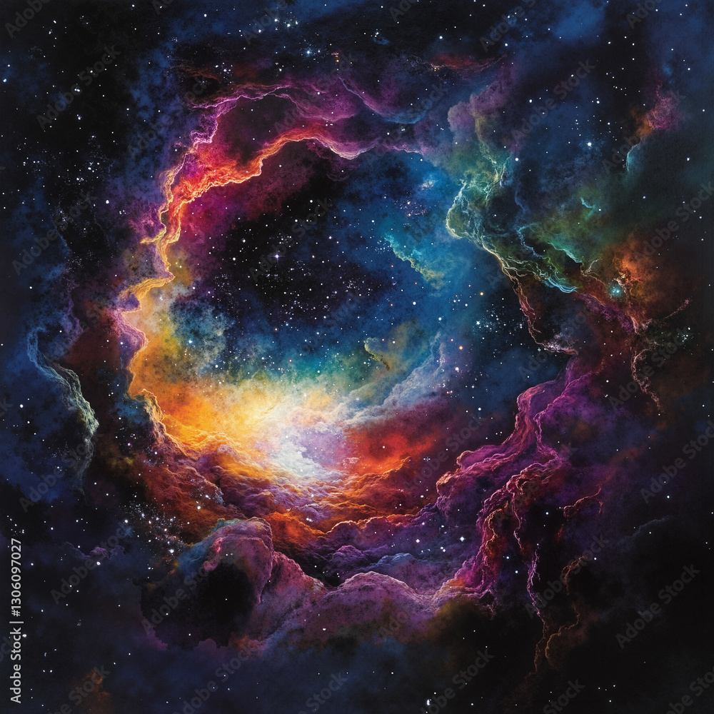 Poster a vibrant nebula with stars and nebulas in the background. the colors of the nebula range from brigh
