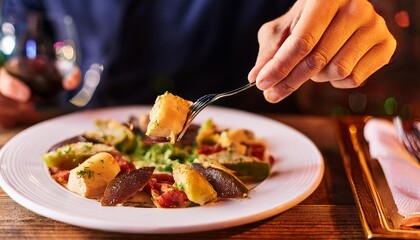 Faceless man eat Escalivada in restaurant with bokeh background. Spanish Food.