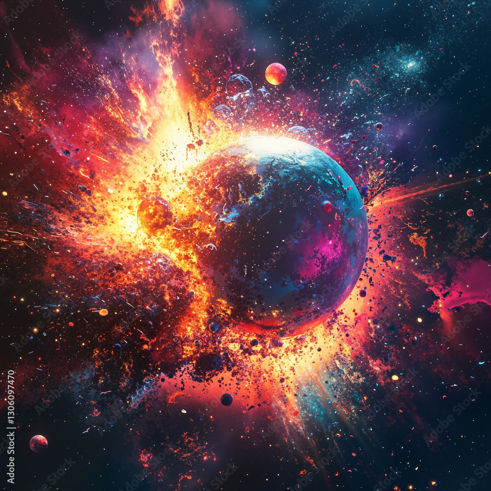 Poster a colorful space scene with a planet in the center surrounded by a fiery explosion. the planet is il