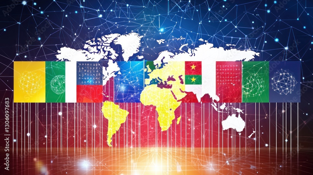 Poster global network: interconnected flags and world map