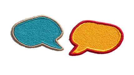 Embroidered Speech Bubble Patches in Blue and Yellow on transparent background Generative Ai