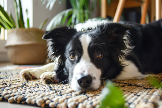 A black and white Border Collie rests peacefully on a textured carpet, surrounded by cozy indoor plants, creating a serene and homely environment filled with warmth and comfort.