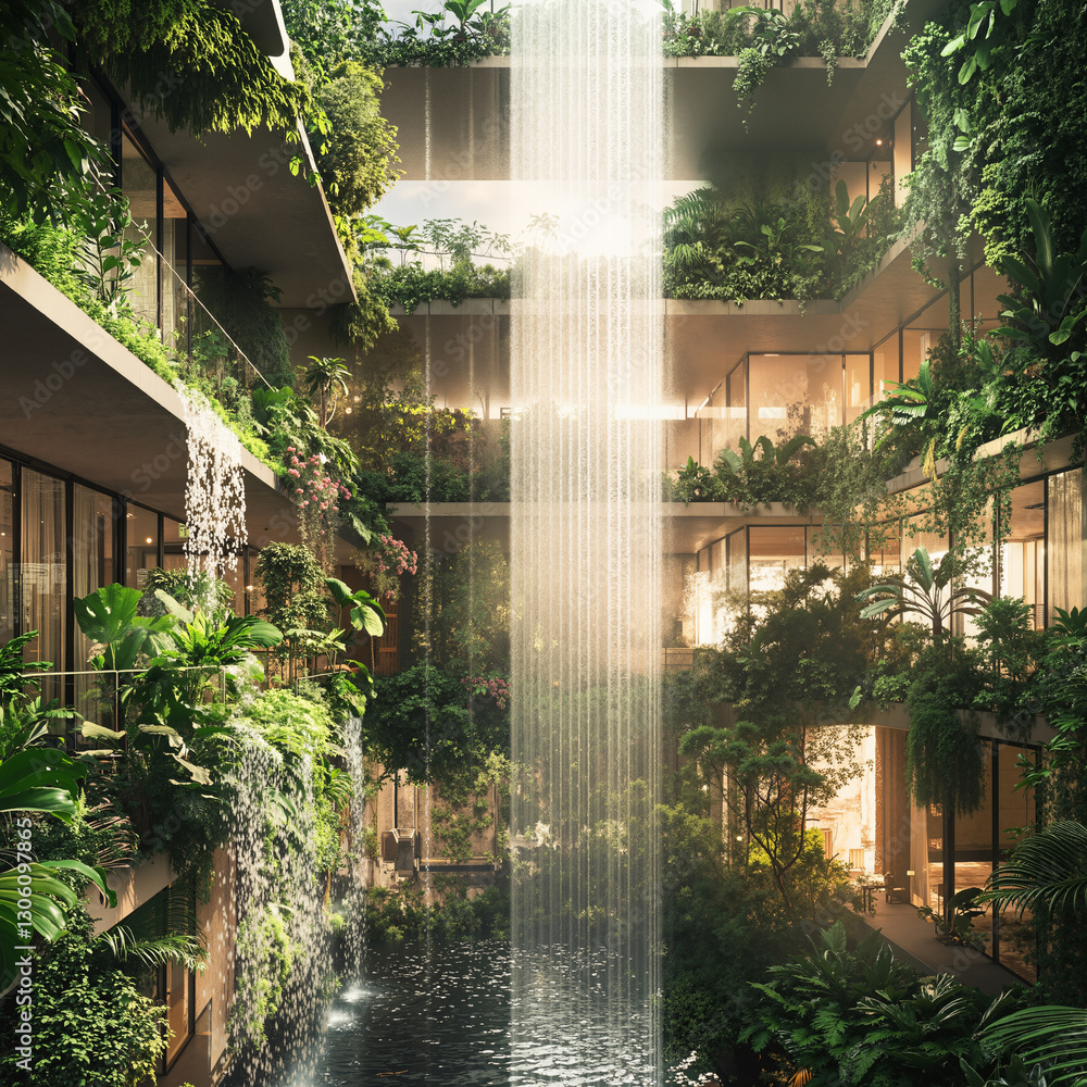 Poster a lush green building with a waterfall cascading down from the top. the building is surrounded by tr