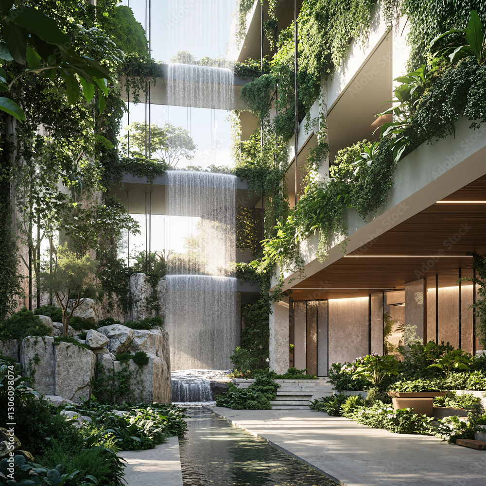 Poster a lush green building with a waterfall cascading down the side of it