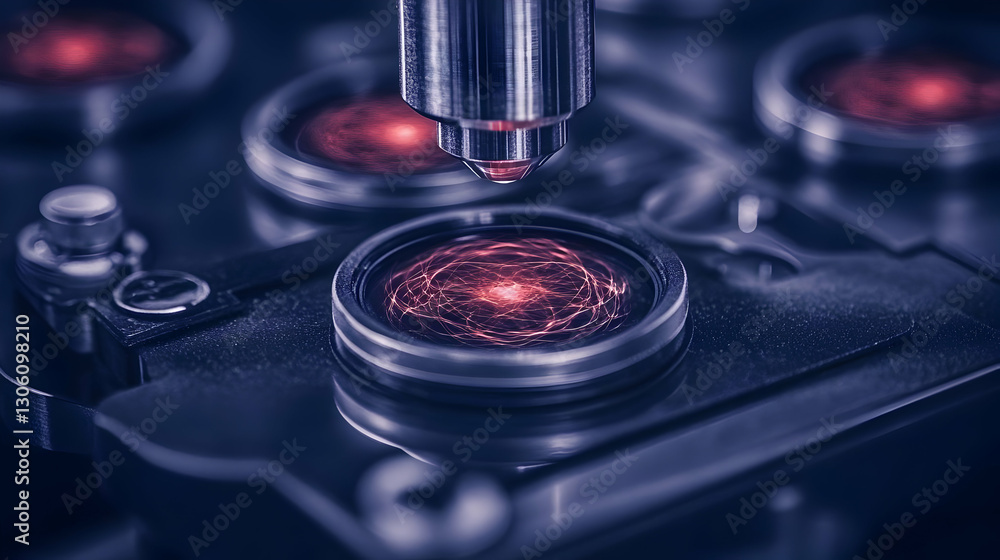 Poster abstract illustration of a red illuminated microscope experiment on