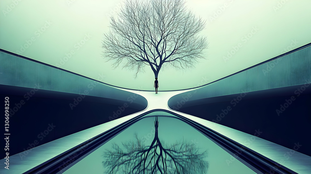 Poster abstract illustration of a tree and its reflection on a green path