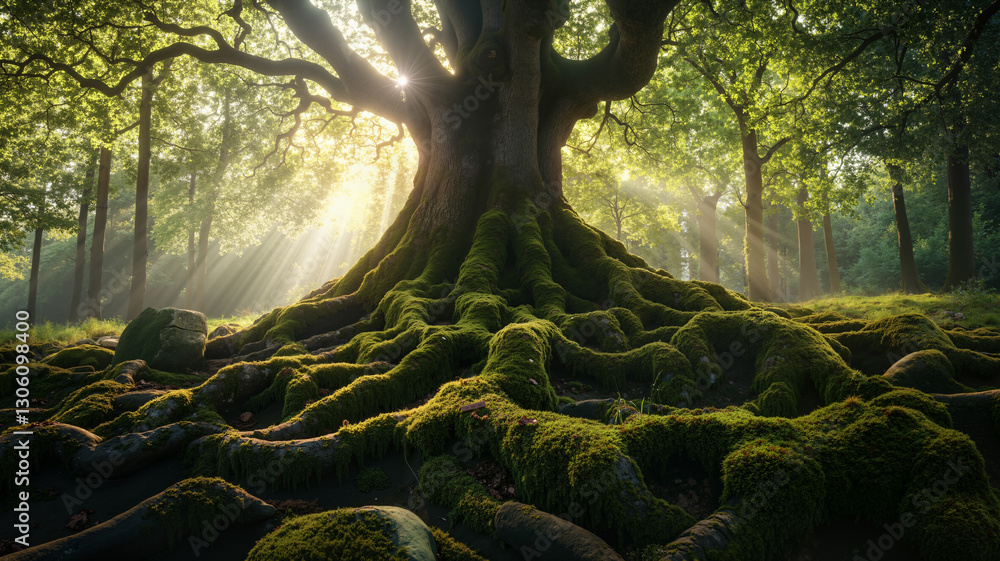 Poster a large tree in the middle of a forest with its roots covered in moss. the tree is surrounded by lus
