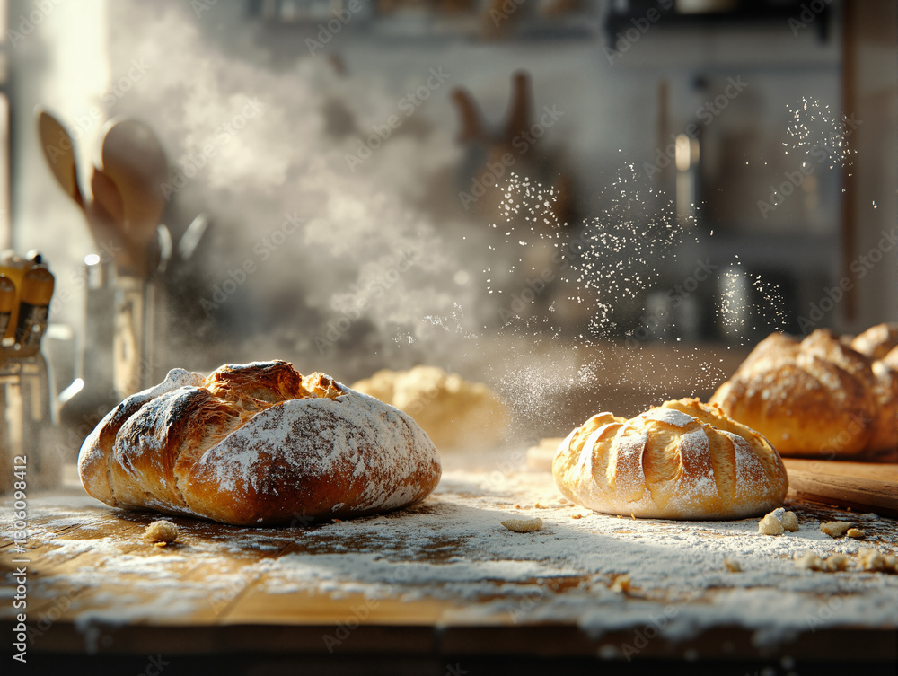 Poster a wooden table with a loaf of bread sitting on top of it. there is a dusting of flour on the table