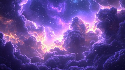Celestial Dreamscape: A cosmic vista of vibrant purple and gold clouds interwoven with starlight, creating a breathtaking ethereal dreamscape.