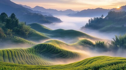 Serene Sunrise Over Lush Green Rice Terraces in Misty Valley
