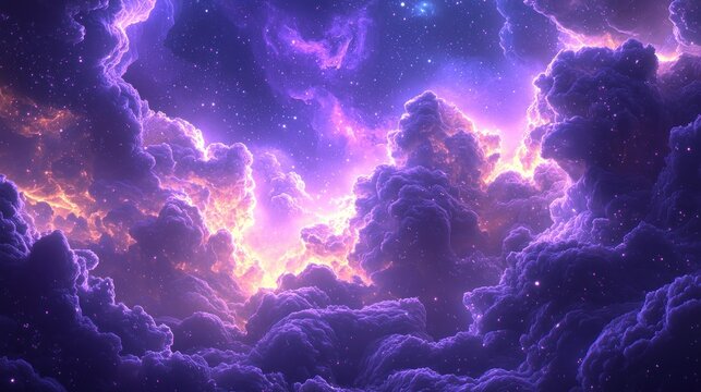 Celestial Dreamscape: A cosmic vista of vibrant purple and gold clouds interwoven with starlight, creating a breathtaking ethereal dreamscape.