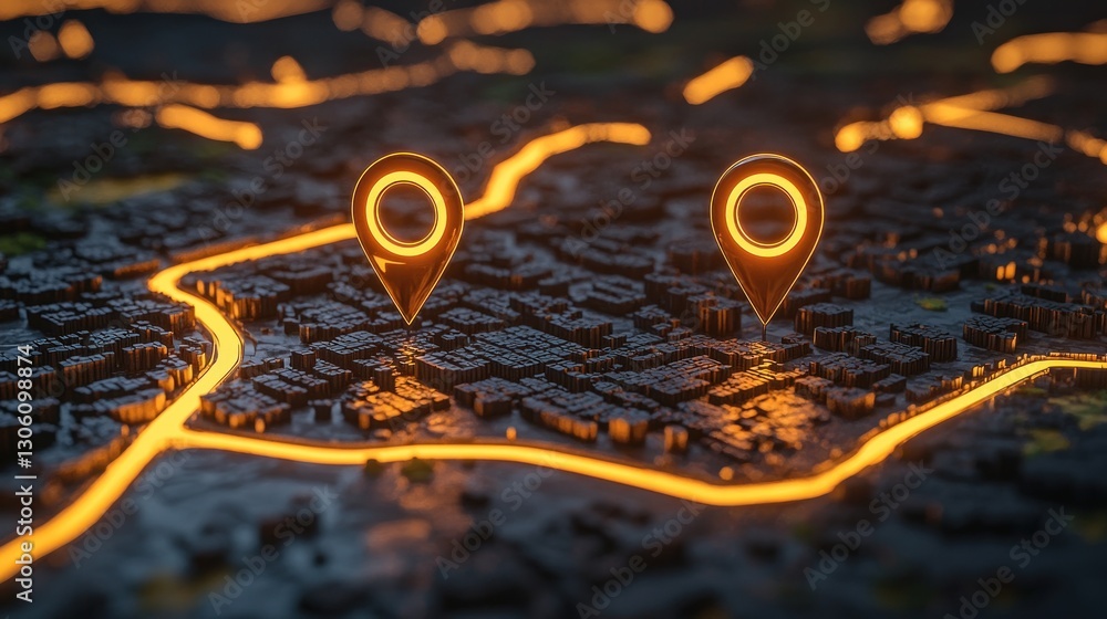 Poster Illuminated Cityscape Navigation: Glowing GPS Markers on a 3D Map