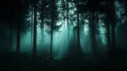 Fototapeta premium Mystical forest featuring dense trees and enchanting natural sunlight