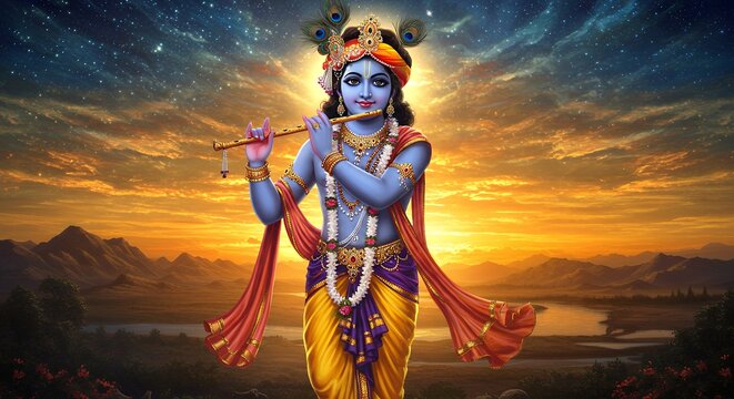Divine Artistic Illustration of Lord Krishna with Flute