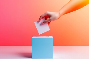 A geometric design of a ballot being inserted into a box, using simple shapes and a subtle gradient to evoke clarity and purpose
