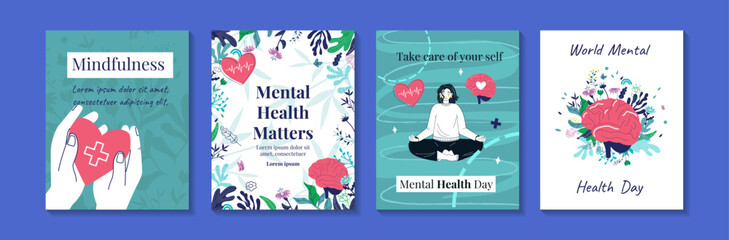 Mental health banner template. Cover booklet flyer. Emotional burnout. Our Minds Matter Poster for psychiatry or psychology medical studies clinics, social media, advertising. World Mental Health Day 