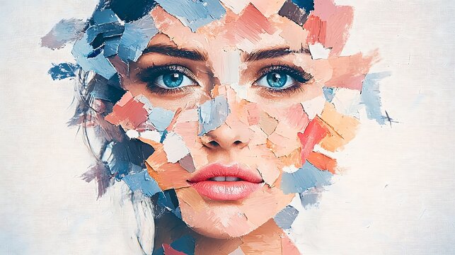 Artistic deconstruction of a woman's face studio digital artwork contemporary close-up identity exploration