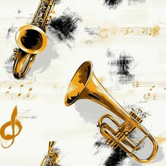 Naklejka premium Musical Instruments Background with Saxophone Trumpet and Music Notes Artistic Pattern