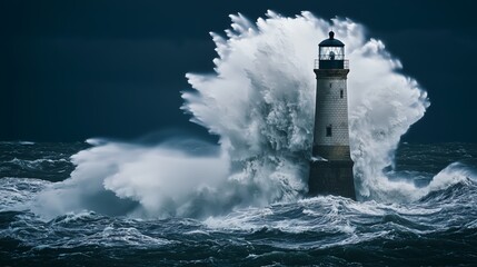 Stormy Waves Smashing Against Lighthouse in Dramatic Sea Scene