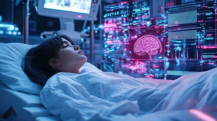 Obraz premium a woman lying in a hospital bed, surrounded by advanced medical equipment. a holographic display projects detailed scans of her head and vital signs. The display features bright, digital graphics