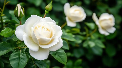 Three Creamy White Roses with Dew Drops and Lush Green Foliage