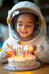 Niña vestida de astronauta celebrando su cumpleaños con una tarta y velas encendidas, sonriendo con felicidad y emoción en un ambiente festivo