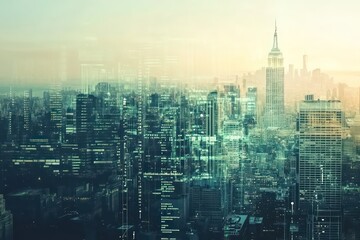 Obraz premium A high-tech financial market concept where stock trading data and investment analytics are superimposed on a city skyline.