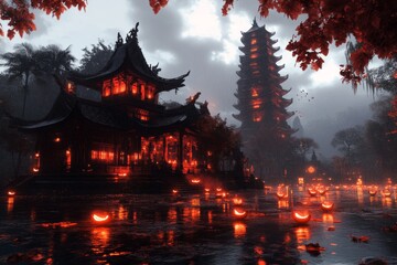 Fototapeta premium A gothic depiction of a temple courtyard during Diwali, with eerie shadows cast by glowing diyas and a hauntingly beautiful night sky