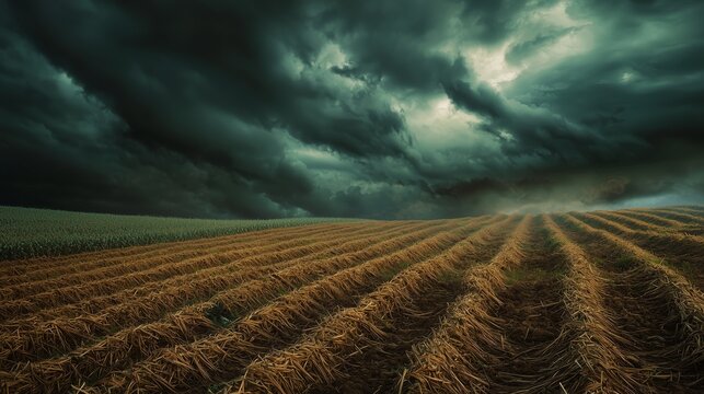 Dark Storm Clouds Over Flattened Crop Field Following Windstorm