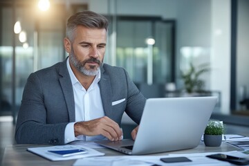 Focused professional man modern office portrait work environment close-up midjourney concept