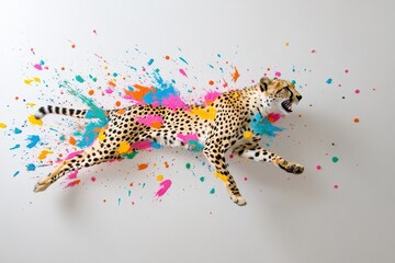 Dynamic cheetah sprinting art studio digital artwork colorful environment side view sleek and confident concept