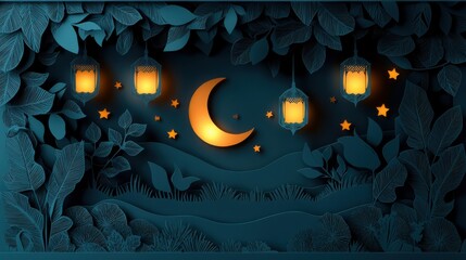 Enchanting Night Scene with Radiant Moon and Glowing Lantern Illuminating