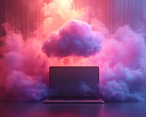 Laptop amidst cloudscape, digital, pink background