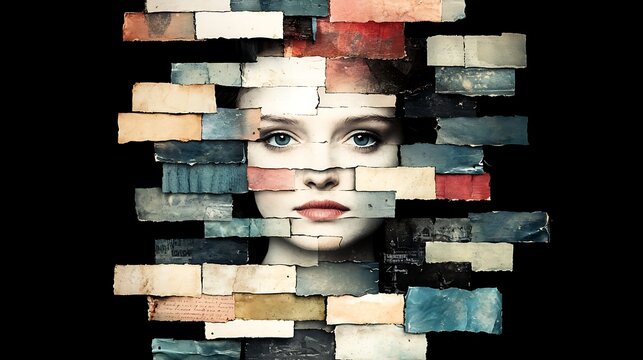 Artistic expression fragmented portrait of a woman digital art abstract dark background conceptual interpretation