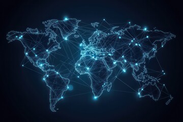 A high-tech vector illustration featuring a world map with a network of points and lines, signifying the interconnected nature of global trade and digital business.