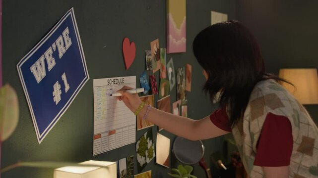 Unrecognizable Asian girl standing in dorm room, making notes in schedule paper, hung on wall