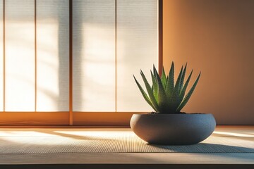 A Japanese-inspired interior setting featuring a Haworthia plant as part of a calming, minimalist design.