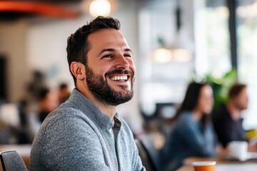 A joyful businessman in a well-lit modern office, attentively listening to colleagues in a team meeting.
