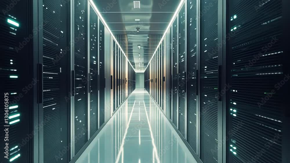 Poster high-tech data center corridor with illuminated server racks