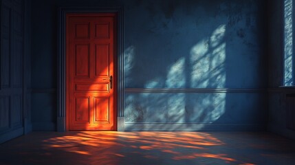 Sunlit Orange Door in Blue Room Dramatic Light. AI Generated
